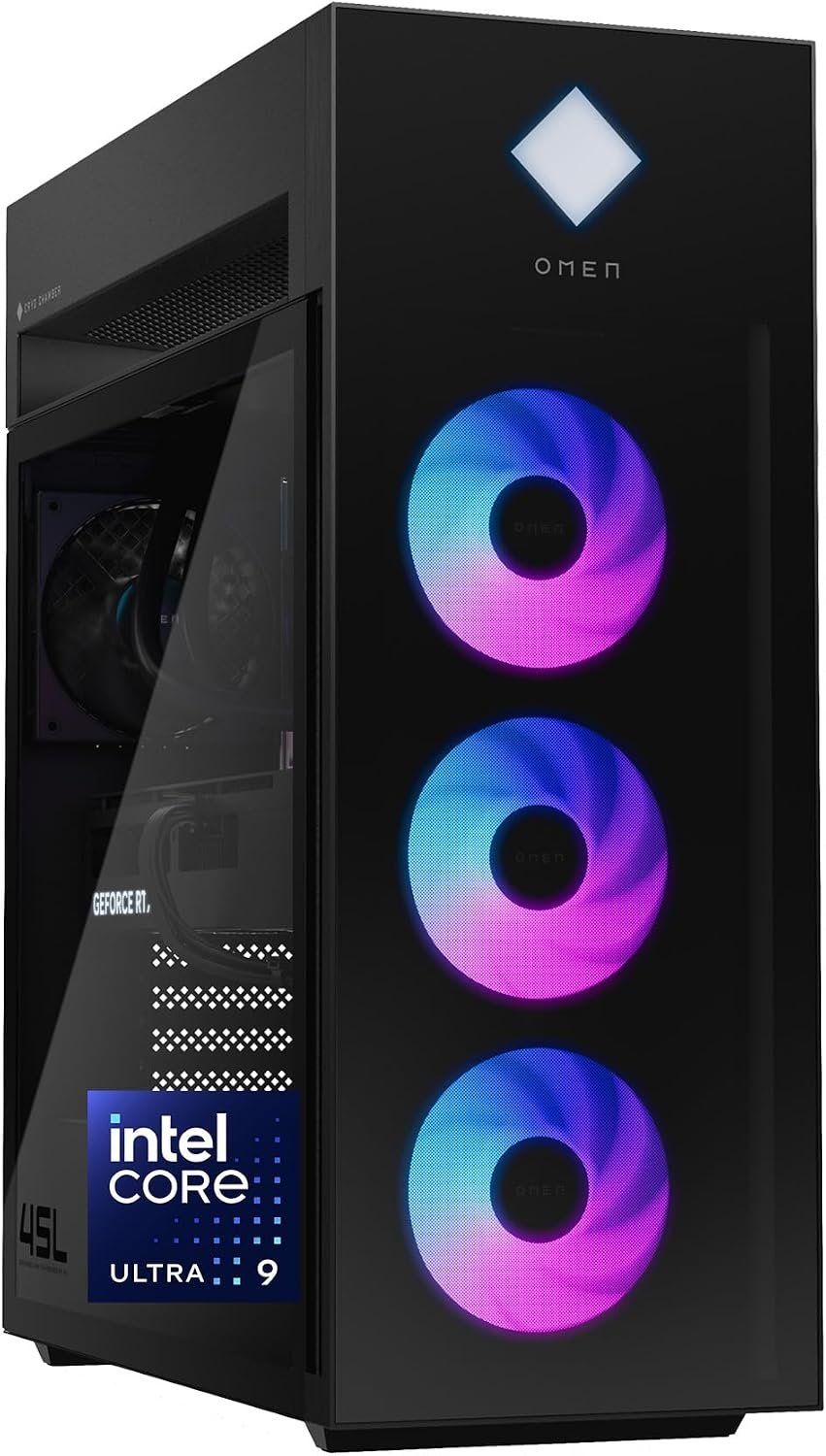 HP OMEN 45L Gaming Desktop, Intel Core Ultra 9 285K, 32 GB RAM, 2 TB SSD, NVIDIA GeForce RTX 5070, Windows 11 Pro, Microsoft Copilot, Tempered Glass, GT22-3090