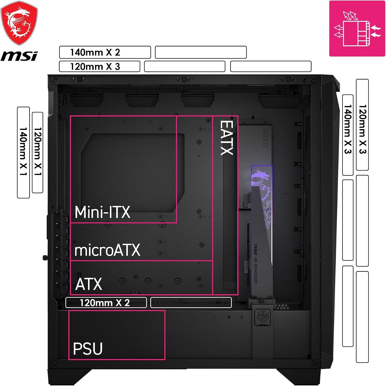 MSI MPG GUNGNIR 300R Airflow Mid-Tower PC Case - E-ATX Capacity, 4 x 120 mm ARGB Fans with Hub Controller, Vertical GPU Support - Image 2