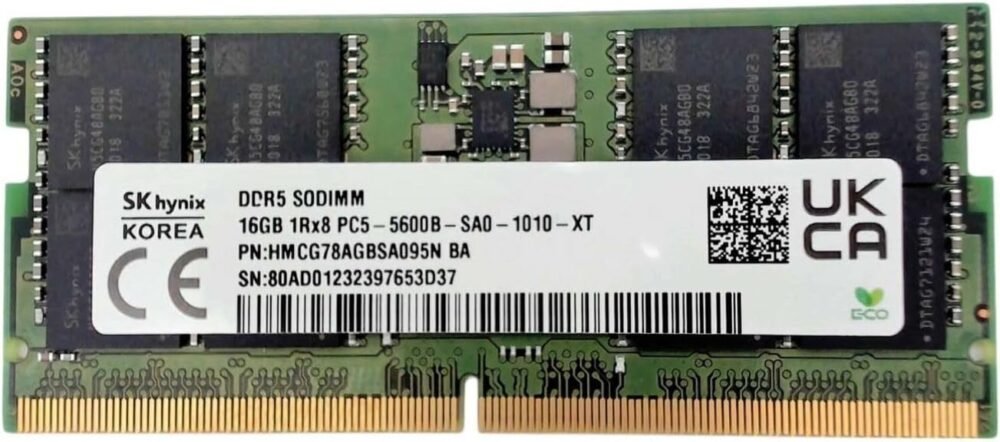 SK-Hynix 16GB 5600MHz DDR5 PC5-44800 Non-ECC CL46 262-Pin SoDimm 1.1V Single Rank x8 Memory Module OEM - HMCG78AGBSA095N