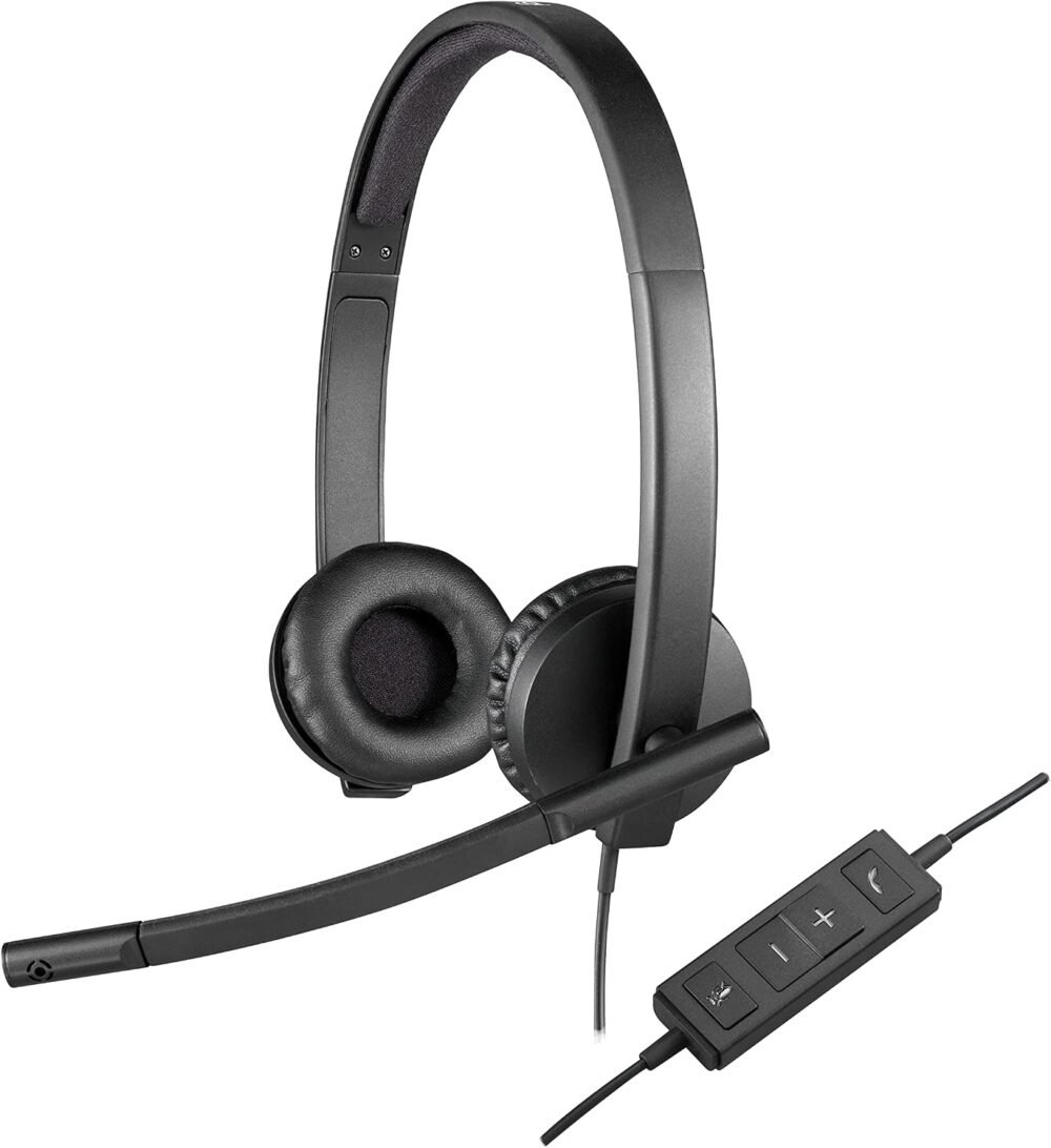 Logitech H570e Stereo Headphones with Noise Cancelling Microphone - Black | USB connectivity, in-line controls with mute button, indicator LED