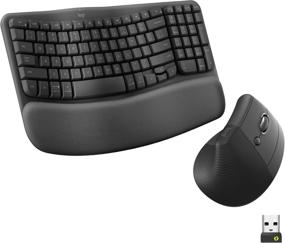 Logitech Wave Keys & Lift Vertical Mouse Ergonomic Wireless Combo, Graphite | Wave-shaped ergonomic keyboard with cushioned palm rest, vertical mouse