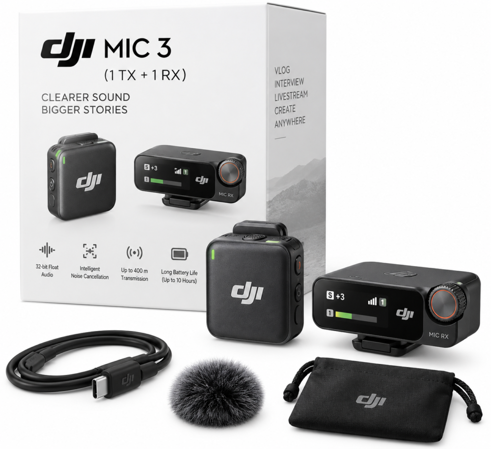 Buy DJI Mic 3 (1 TX + 1 RX) wireless microphone for professional content creation. 32-bit float audio, noise cancellation, adaptive gain control and up to 400m transmission range.