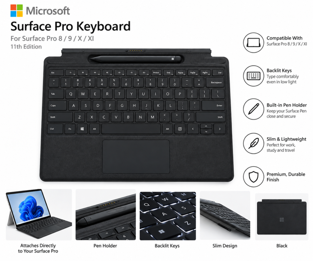 Microsoft Surface Pro Keyboard for Surface Pro 8, 9, X and XI. Features backlit keys, built-in pen holder, slim design and comfortable typing in black. SEO Keywords / Tags